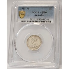 AUSTRALIA 1918 . SIXPENCE . PCGS AU50